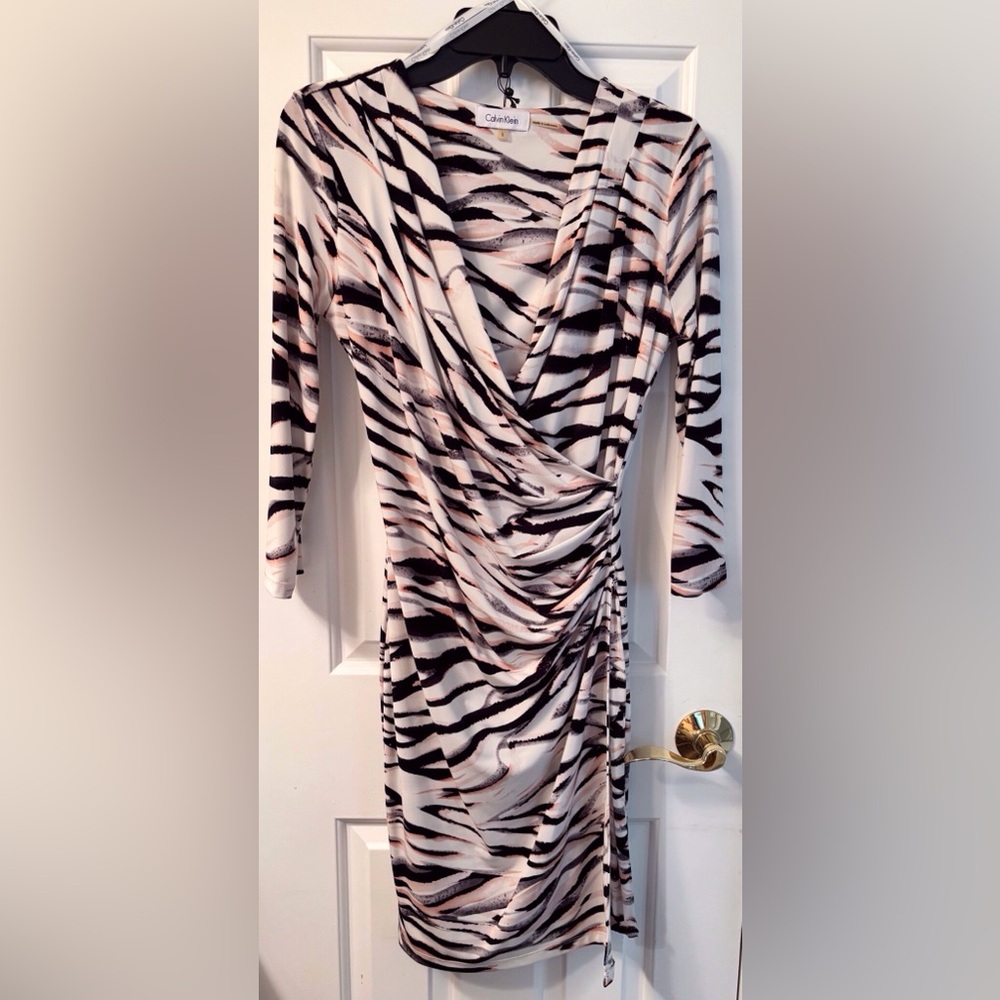 Calvin Klein Black/Pink/Ivory Zebra-Stripe Side Drape Dress